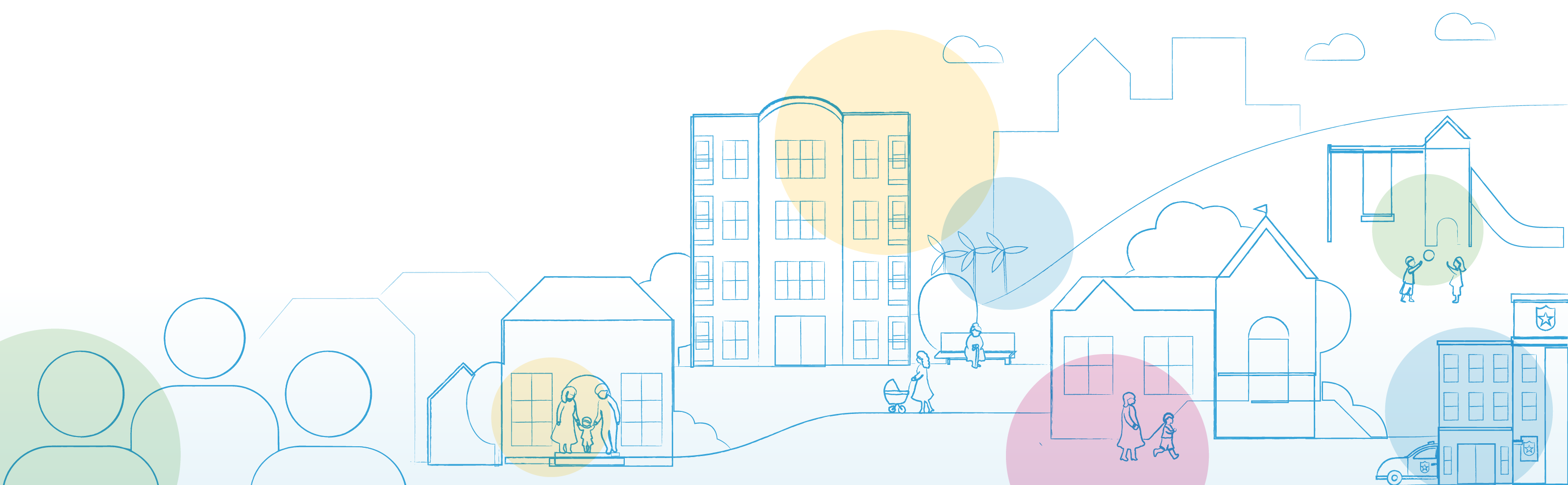 Illustration with people, buildings and trees