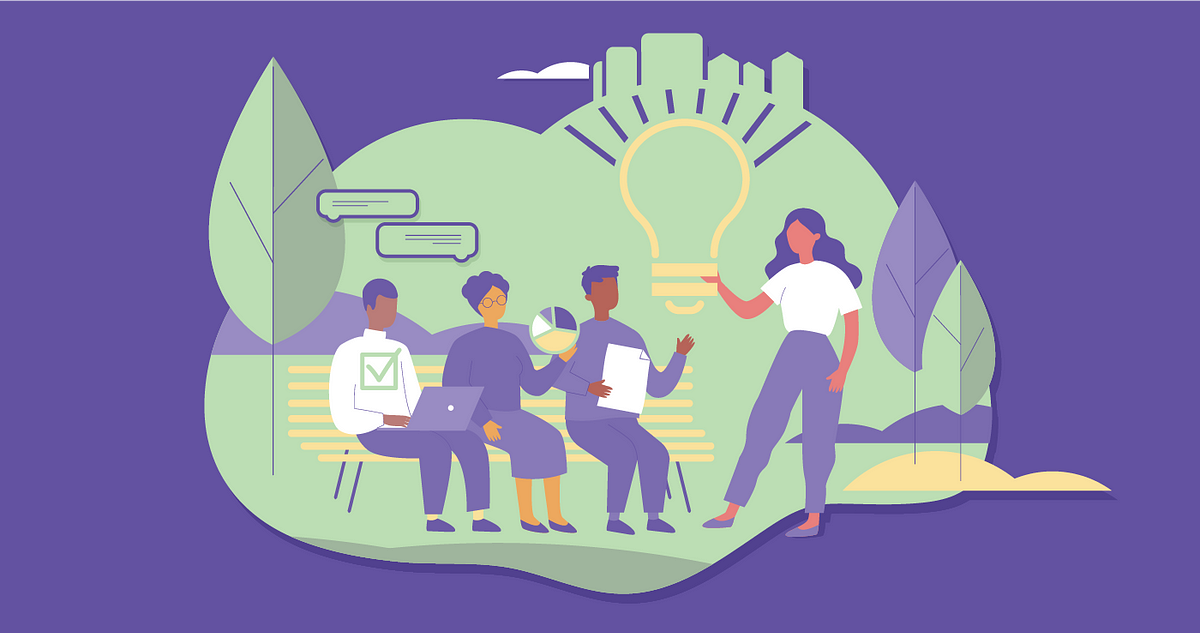 Illustration of people dressed in business casual attire sitting on a park bench and discussing work ideas