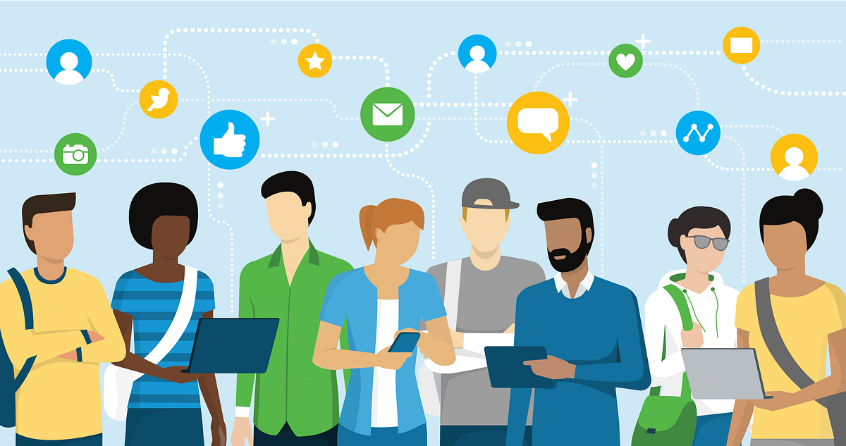 Illustration of people standing in a line and talking while also using various technology like laptops and phones