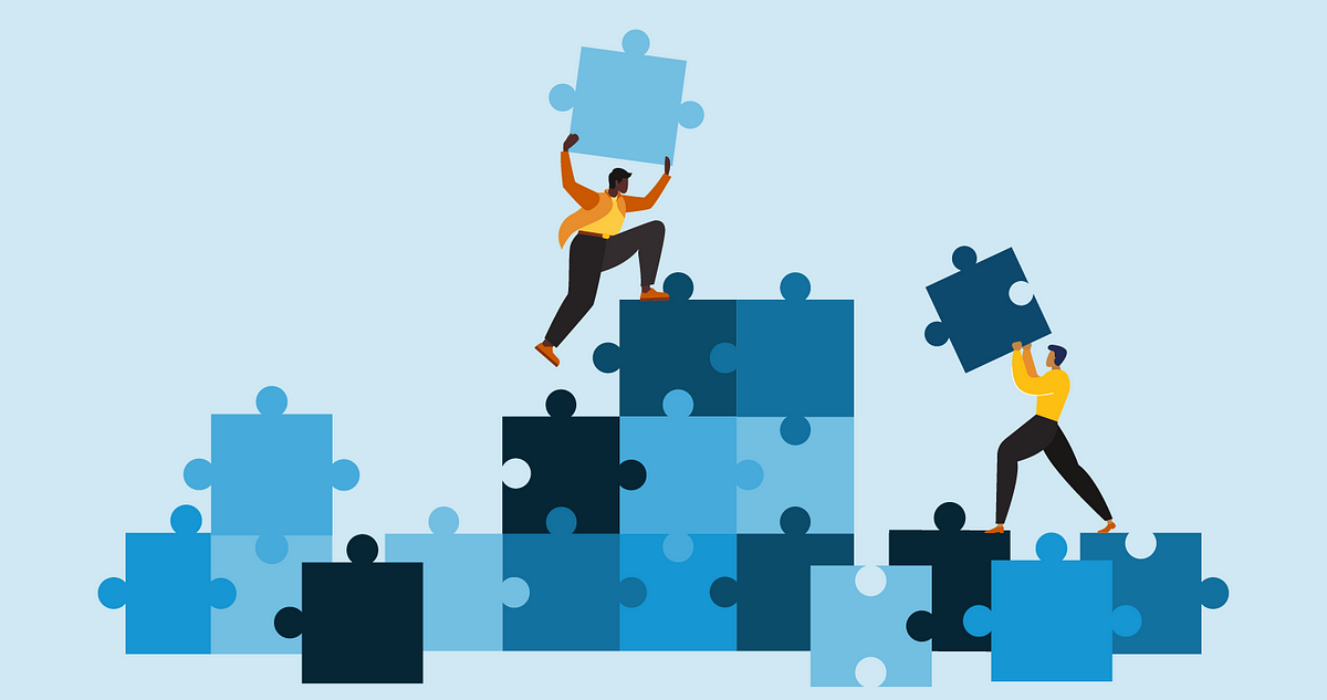 illustration of people working on a lifesized puzzle together