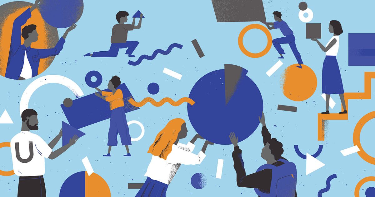Illustration of people surrounded by various shapes of different sizes