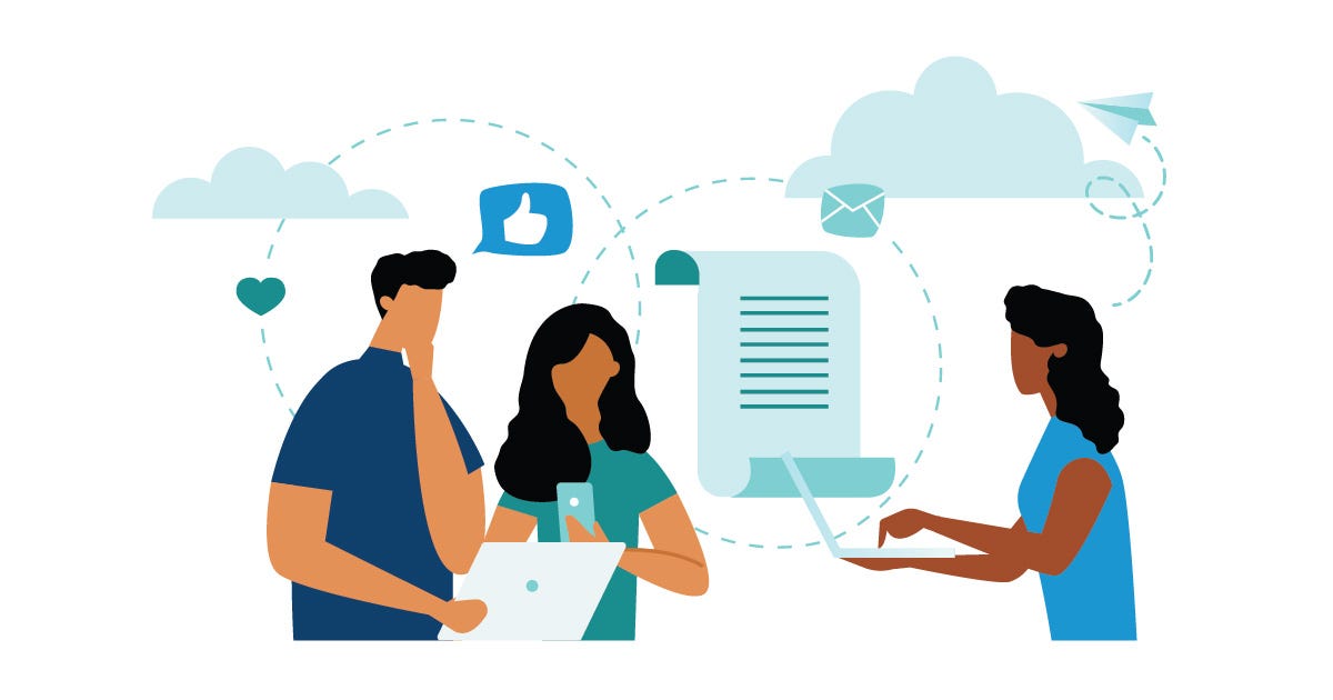 illustration of people working together with data