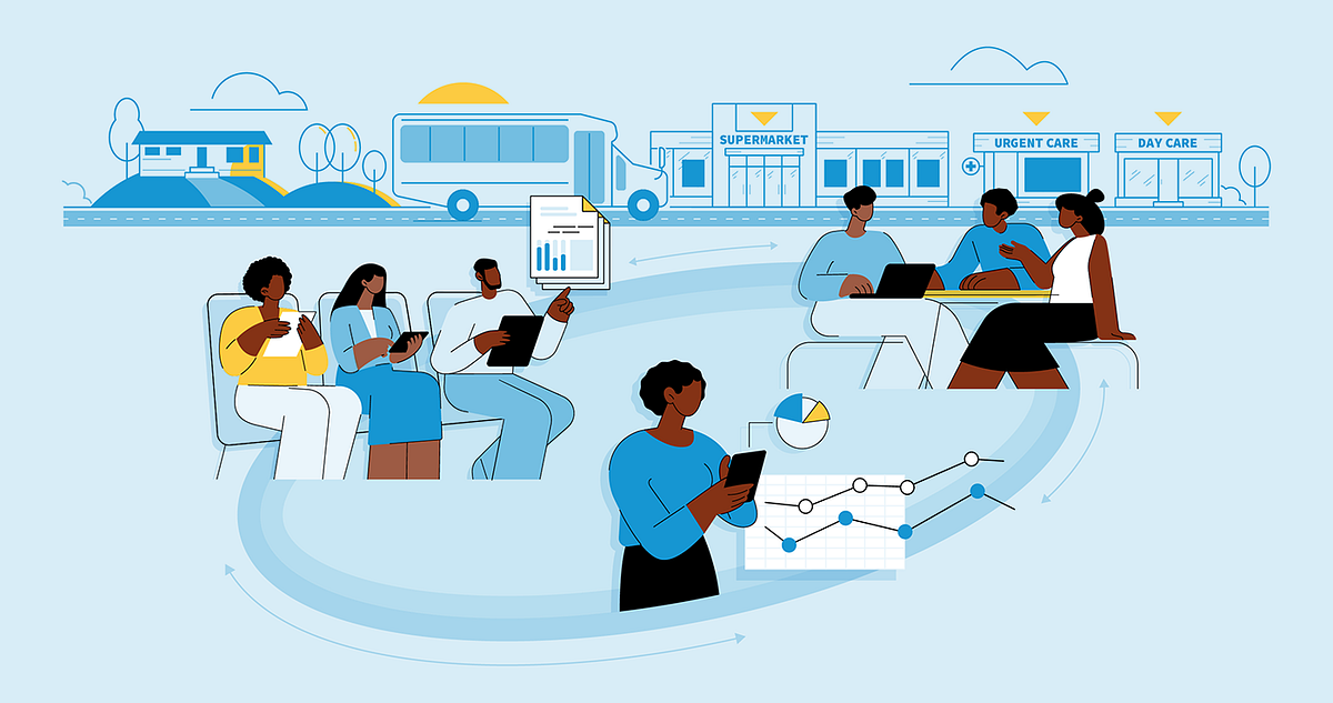 Illustration of people working together in front of public infrastructure