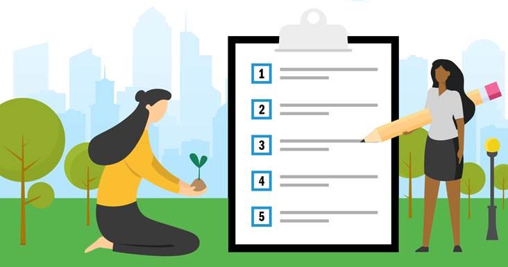 Illustration of two people in a park with a large clipboard