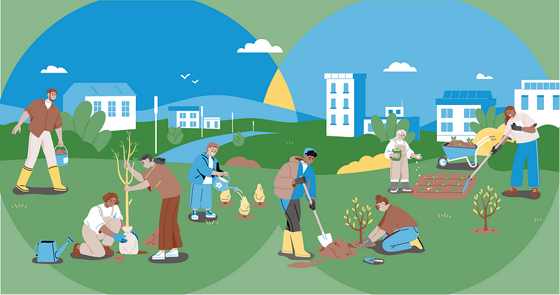 Illustration of people gardening and working together