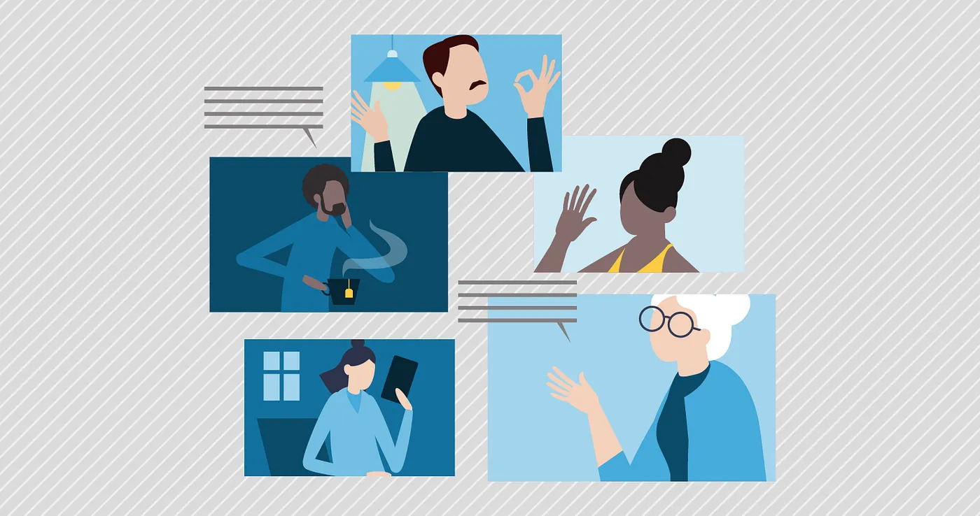 Cartoon Image of 5 people each in their own cartoon square representing different settings