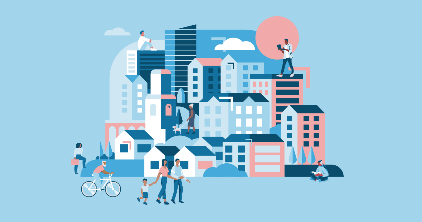 Urban cityscape with diverse buildings and people walking, biking, reading, and using technology.