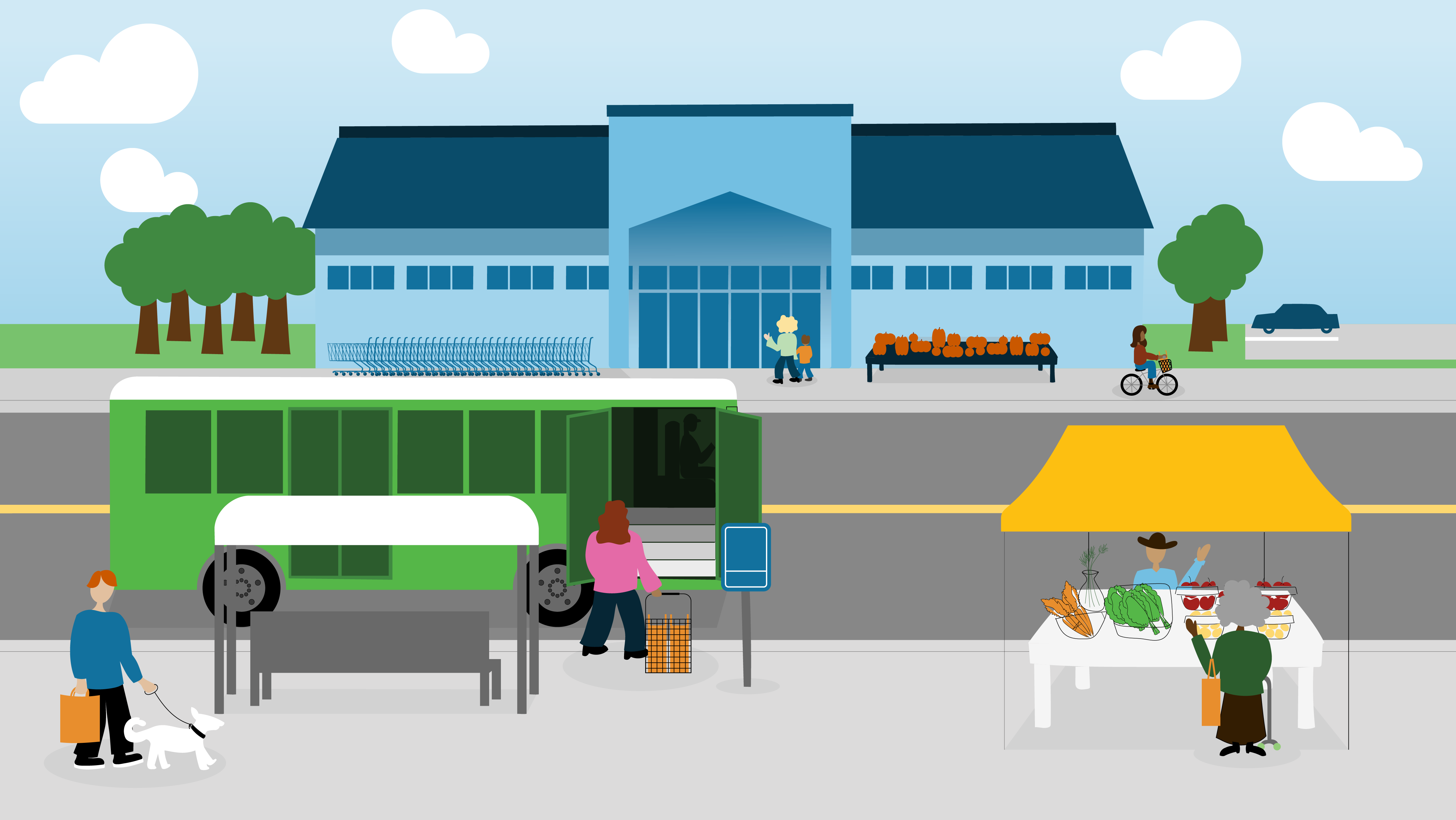City street with a bus stop, farmers' market stall, and people walking, biking, and sitting near a large grocery store.