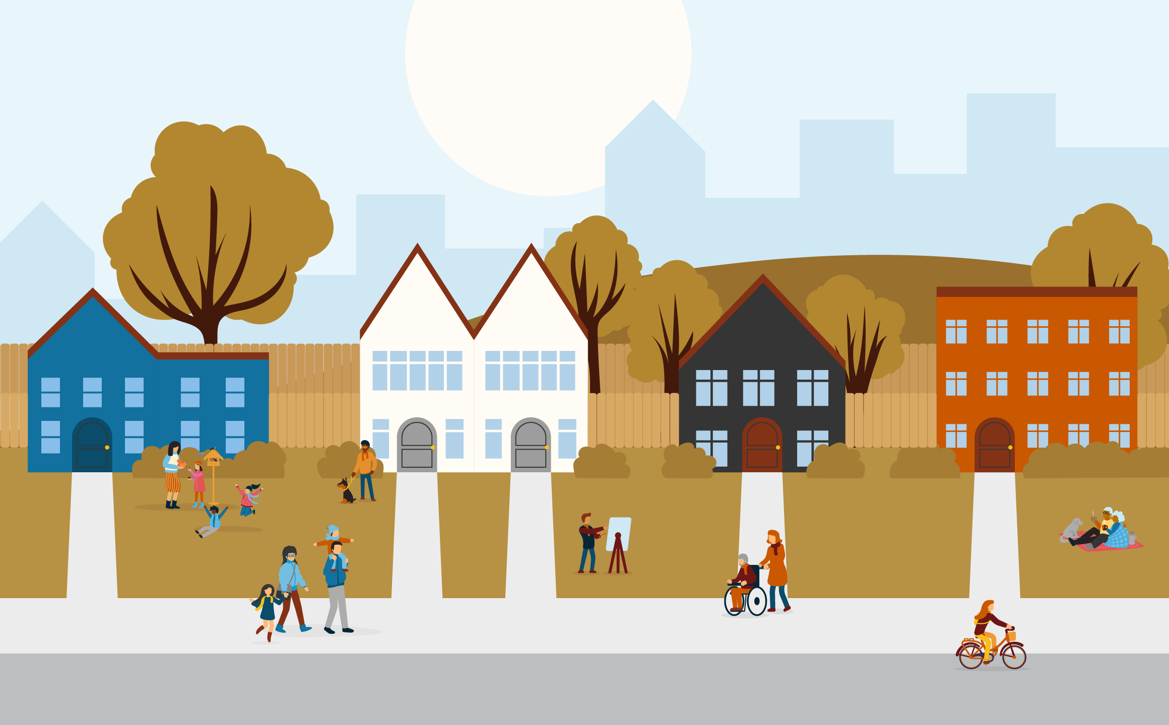 A lively neighborhood with five colorful houses and apartment buildings and diverse people enjoying outdoor activities together.