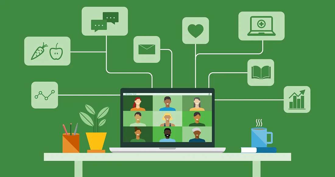 A computer shows faces of people of different backgrounds smiling. The background is green.