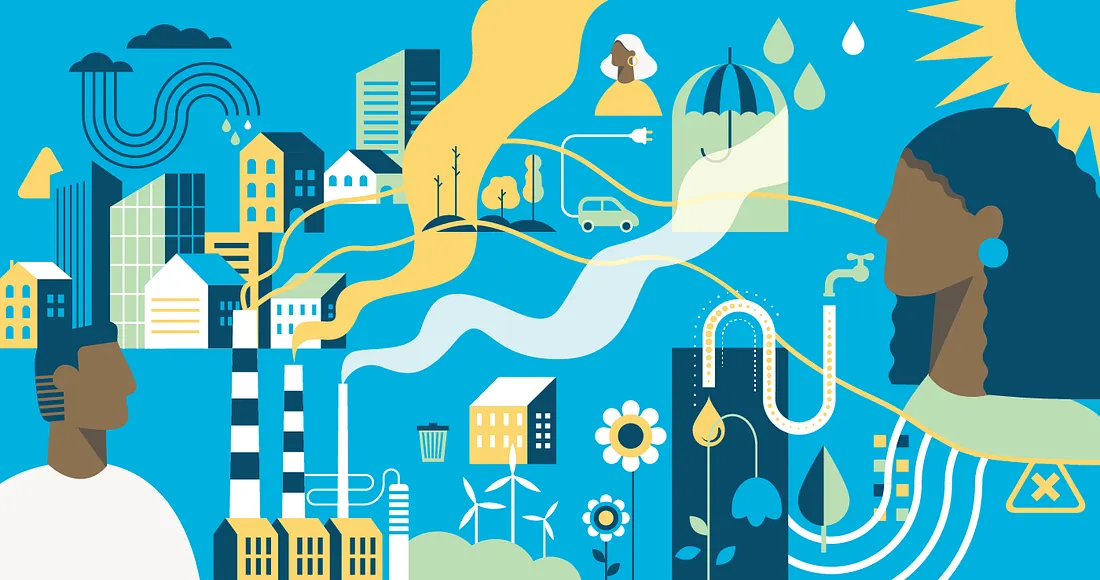 Two people are facing an urban landscape with factories, air pollution, wind turbines, sewage, rain, and trash cans.