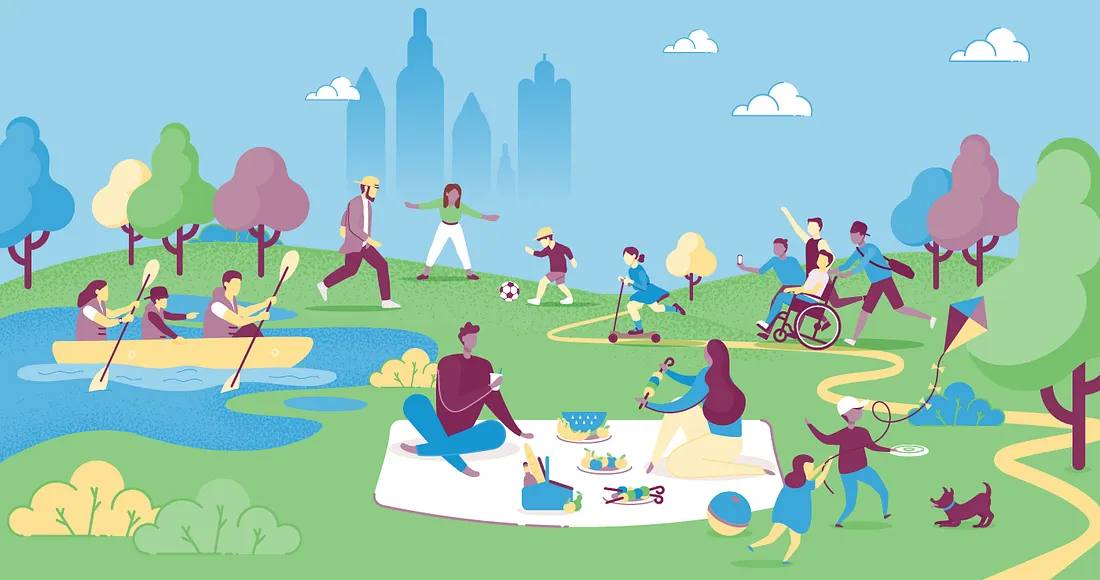 Residents are in a park in a city picnicking, playing soccer, flying kites, rowing a boat, and running.