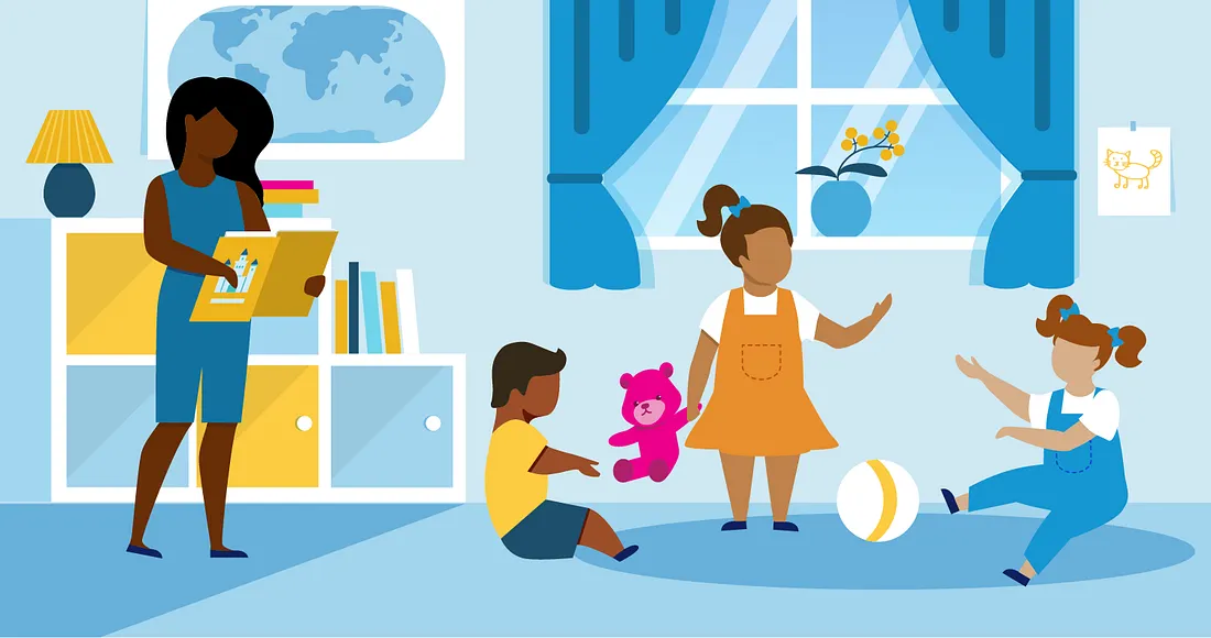 Picture of adult standing with a book next to kids playing.