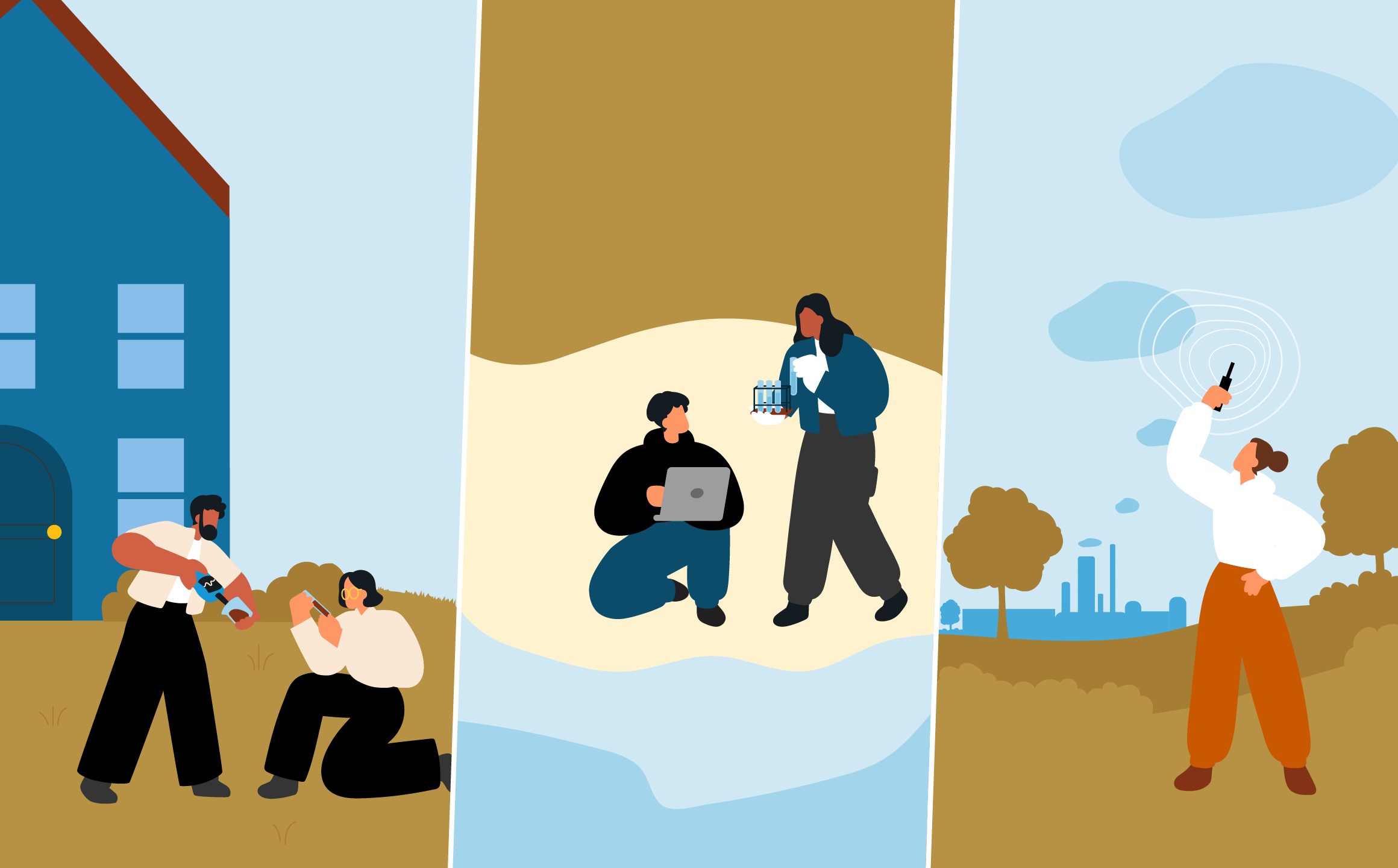 pairs of people testing soil quality, water quality, and air quality 