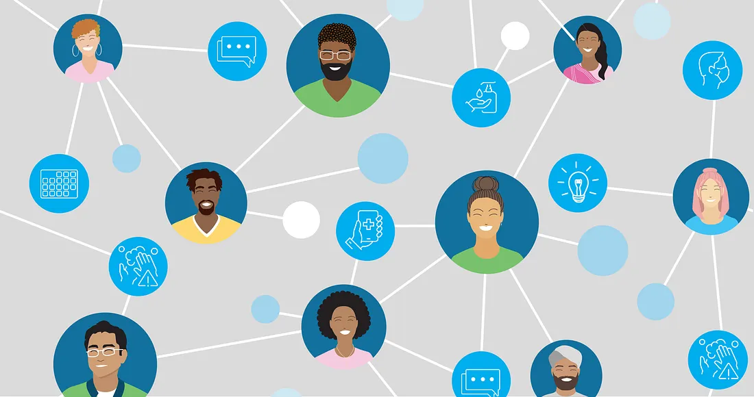 A group of people are connected by lines and circles.