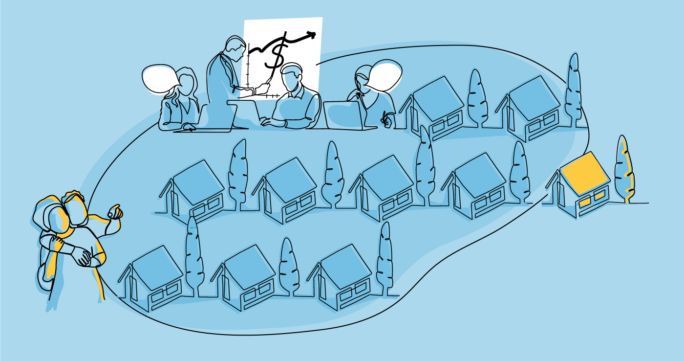 Nine homes on a blue background, people looking at a financial chart