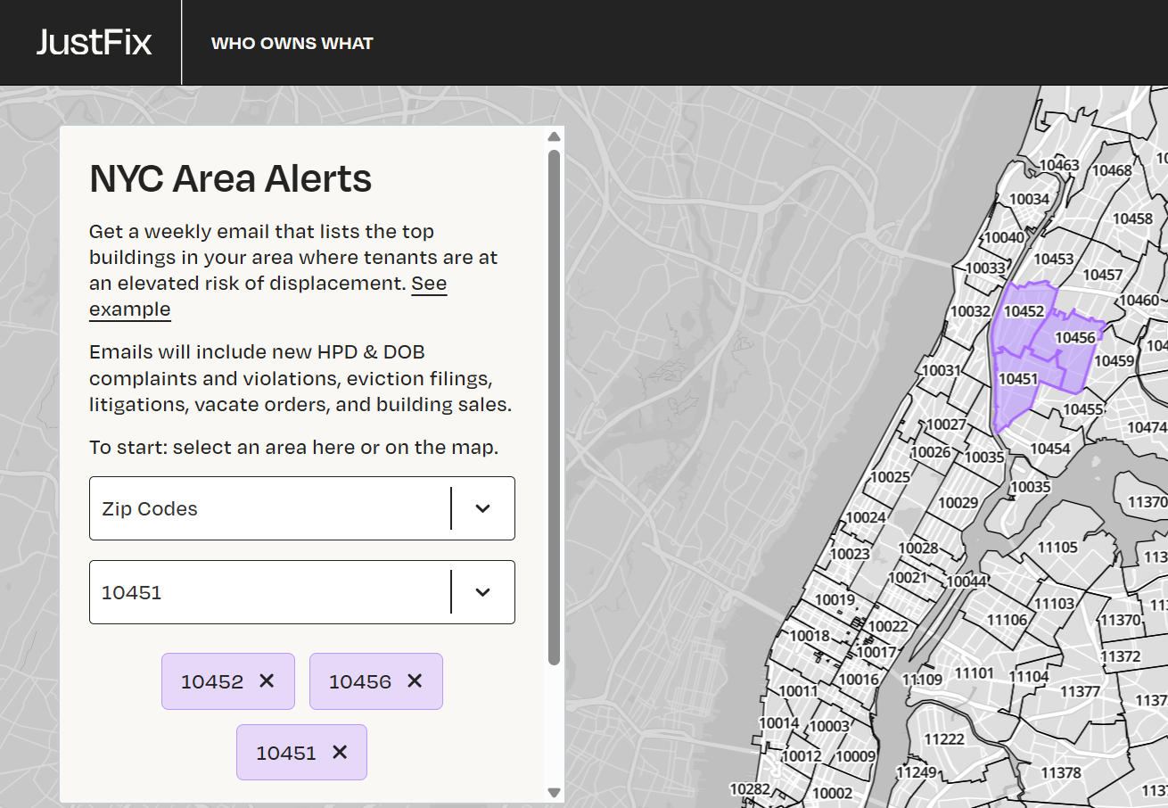 A screenshot of JustFix's Area Alerts platform