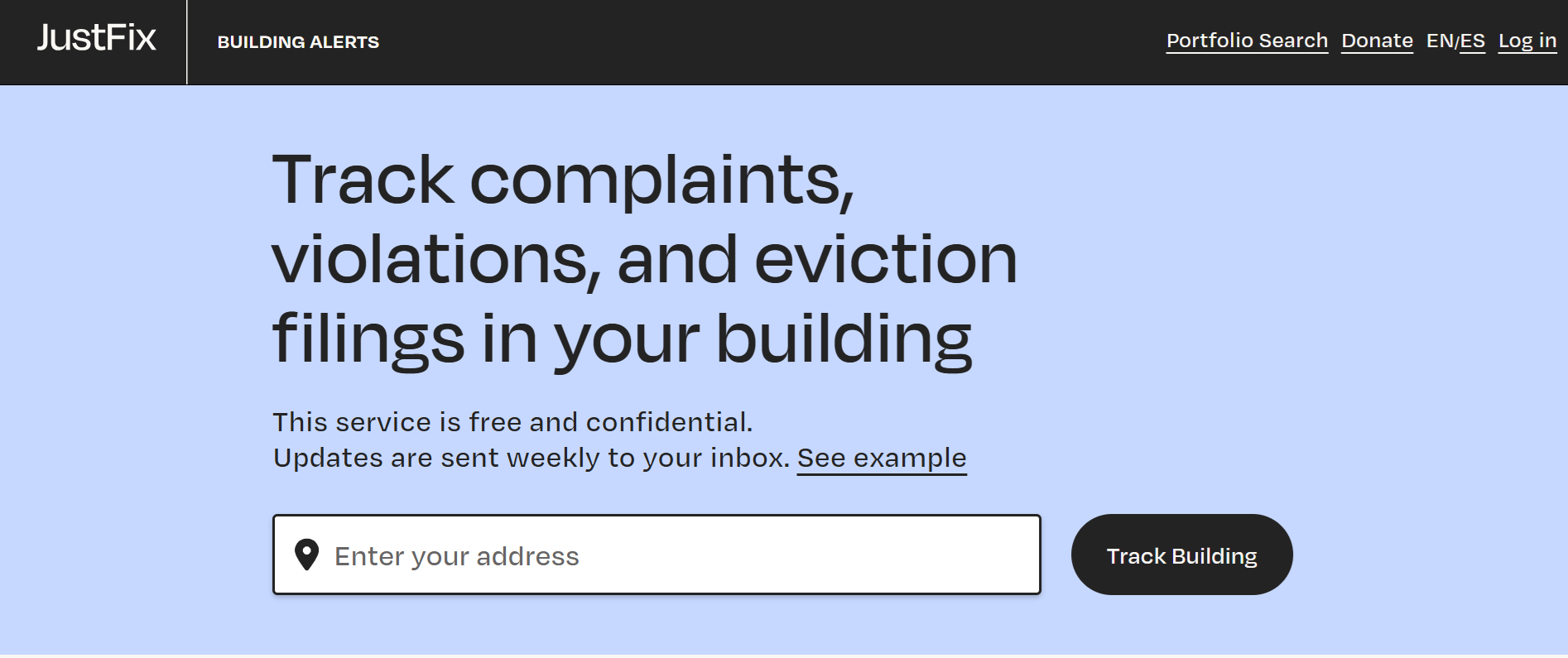 A screenshot of JustFix's Building Alerts platform