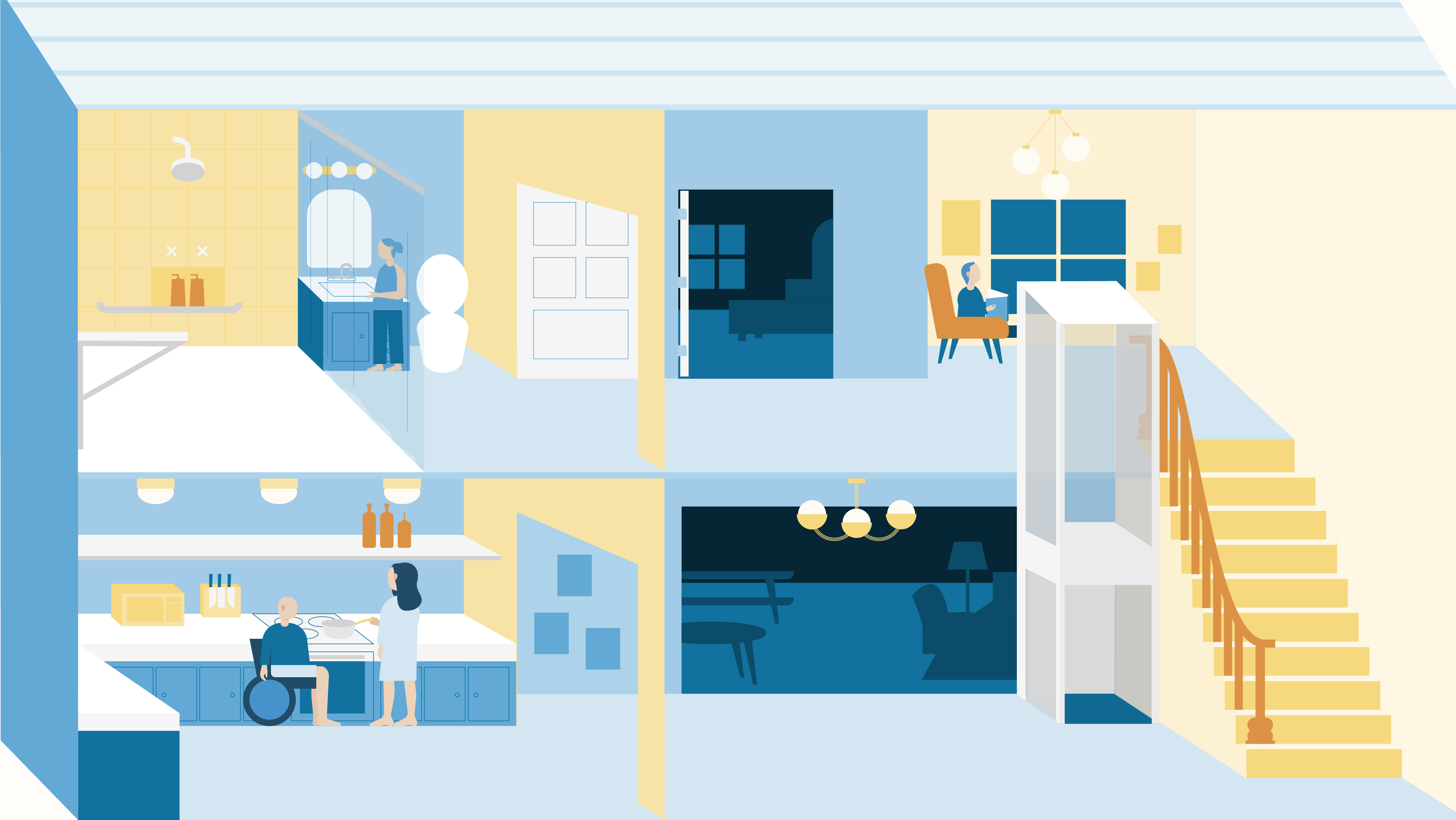 A family spends time in different rooms of a home that has wide doorways, lowered countertops, a chair lift to the second level, and a roll-in shower.