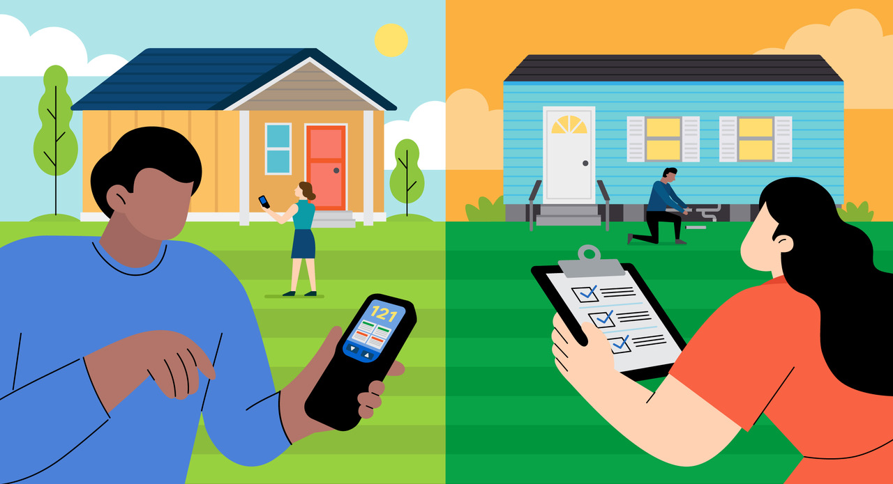 A man and a woman testing air quality in front of a house; a man and a woman looking at the conditions of a mobile home