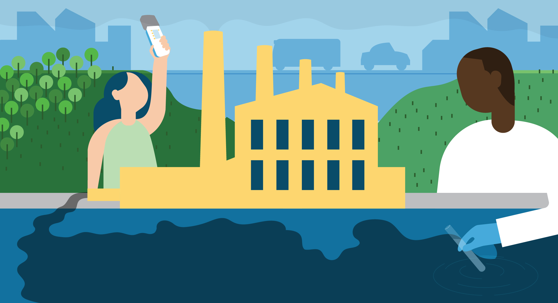 A woman testing air quality near smokestacks, a man testing polluted water