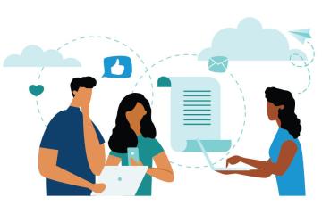 illustration of people working together with data