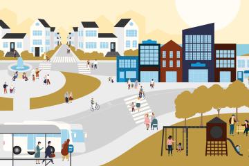 a streetscape surrounded by housing and parks, and used by pedestrians, bikers, and a bus