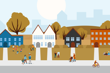 A lively neighborhood with five colorful houses and apartment buildings and diverse people enjoying outdoor activities together.