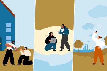 pairs of people testing soil quality, water quality, and air quality 