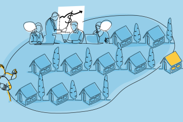 Nine homes on a blue background, people looking at a financial chart