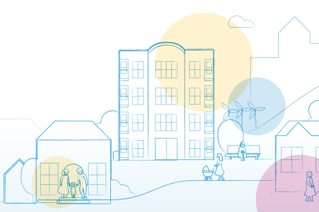 Illustration with people, buildings and trees