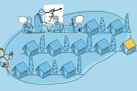 House and trees with people around it 