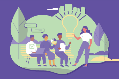 Illustration of people dressed in business casual attire sitting on a park bench and discussing work ideas 