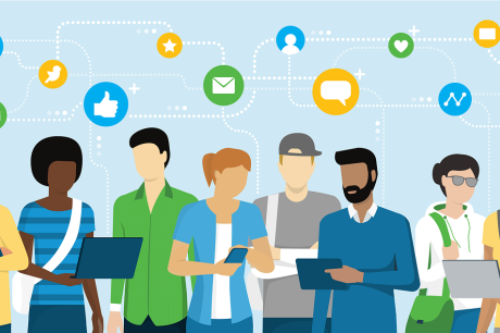 Illustration of people standing in a line and talking while also using various technology like laptops and phones