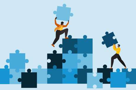 illustration of people working on a lifesized puzzle together