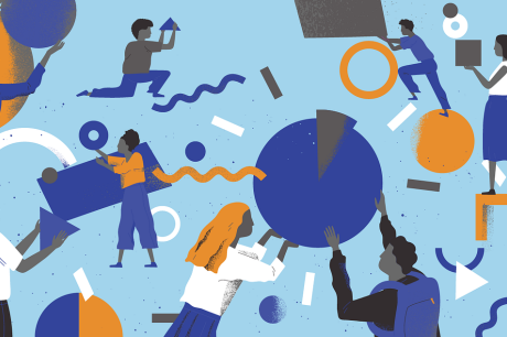 Illustration of people surrounded by various shapes of different sizes