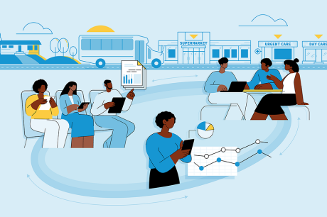 Illustration of people working together in front of public infrastructure