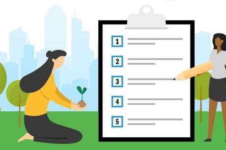 Illustration of two people in a park with a large clipboard