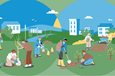 Illustration of people gardening and working together