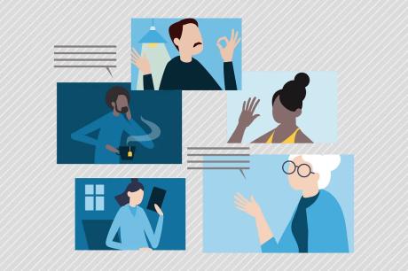 Cartoon Image of 5 people each in their own cartoon square representing different settings