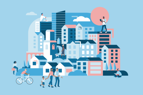 Urban cityscape with diverse buildings and people walking, biking, reading, and using technology.