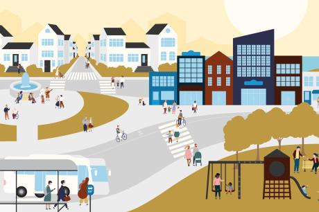 a streetscape surrounded by housing and parks, and used by pedestrians, bikers, and a bus