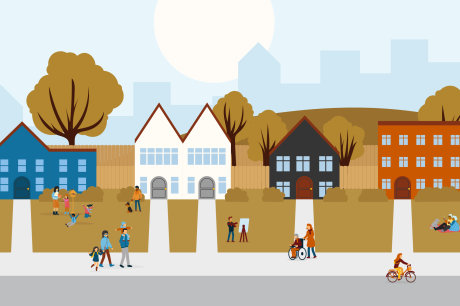 A lively neighborhood with five colorful houses and apartment buildings and diverse people enjoying outdoor activities together.