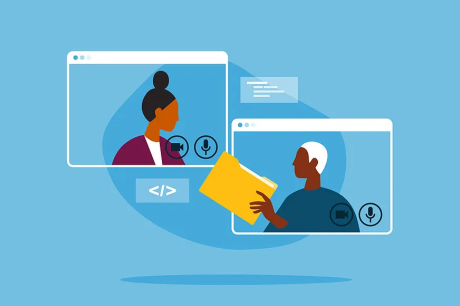 Two individuals are in a digital computer tab and are sharing a folder with each other, symbolizing sharing data.