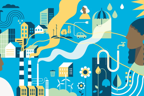 Two people are facing an urban landscape with factories, air pollution, wind turbines, sewage, rain, and trash cans.