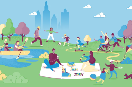 Residents are in a park in a city picnicking, playing soccer, flying kites, rowing a boat, and running.