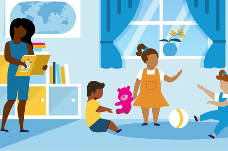 Picture of adult standing with a book next to kids playing.