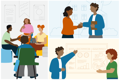 The picture shows multiple young people in three different settings. First, a group of youth are at at table planning a meeting. On the top right corner, two young people are shaking hands and talking. In the bottom right, two youth are presenting data findings.