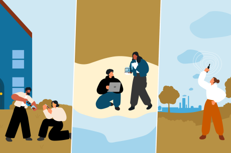 pairs of people testing soil quality, water quality, and air quality 