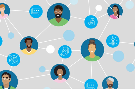 A group of people are connected by lines and circles.